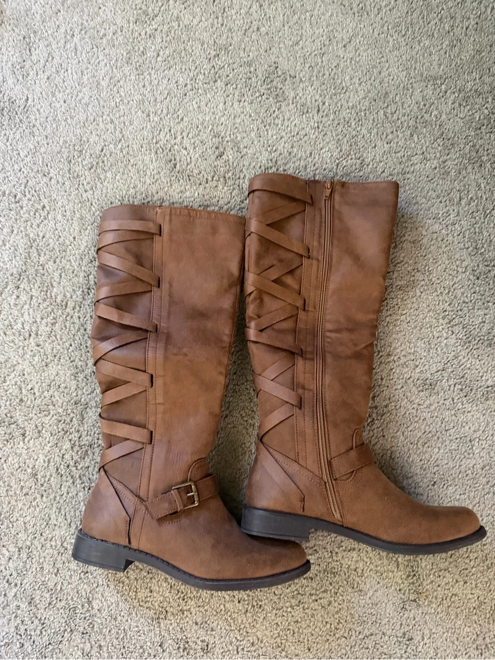 Just Fab Arleigh tall boots Brown Faux suede lace up back zipper Women 8.5 EUC